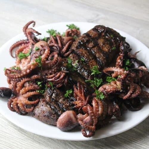 Grilled Pronghorn Antelope Steak and Grilled Baby Octopus