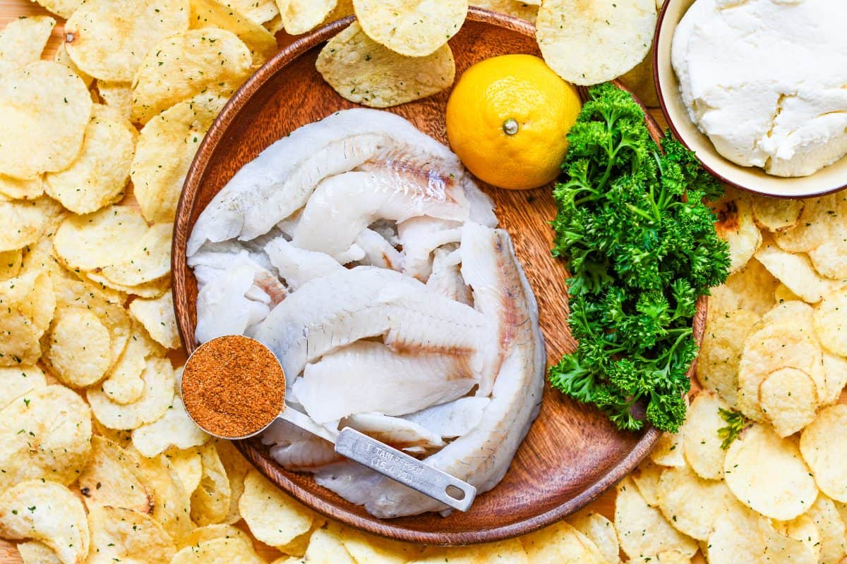 Recipe ingredients including crappie fillets, potato chips, lemon juice, Old Bay, Ricotta cheese, and parsley