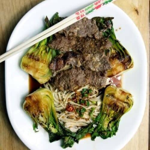 Miso Marinated Venison Steak with Baby Bok Choy and Enoki Mushrooms