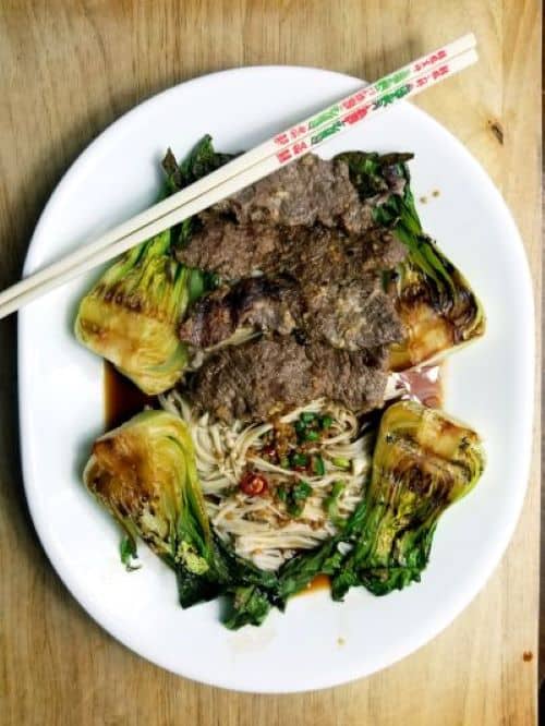 Miso Marinated Venison Steak with Baby Bok Choy and Enoki Mushrooms