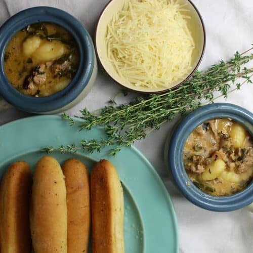 Squirrel Soup with Breadsticks and Parmesan Cheese to sprinkle on top.