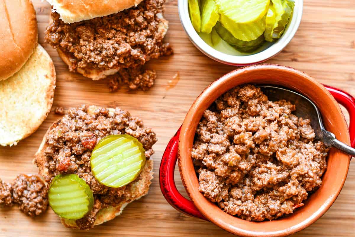 Venison Sloppy Joes with pickle chips