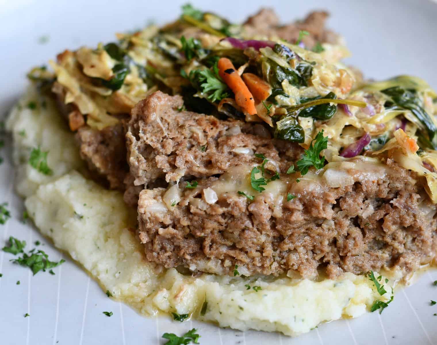 Irish Meatloaf with Coleslaw and Spinach Cream Sauce