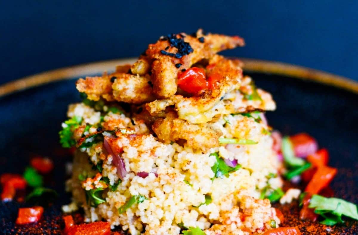 Harissa and Honey Fried Smelt Fish with Red Pepper Couscous