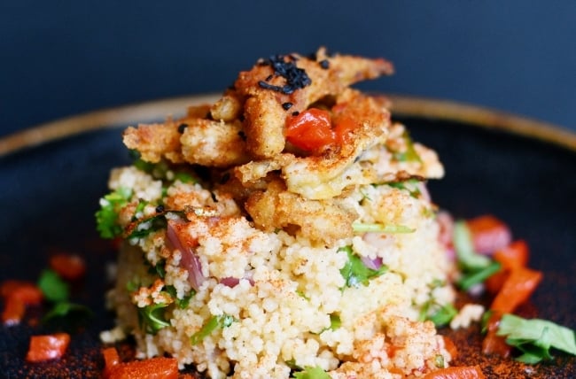 Harissa and Honey Fried Smelt with Red Pepper Couscous