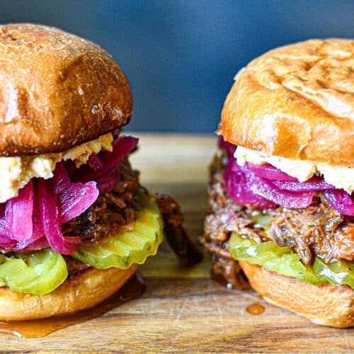 Deer BBQ Sandwiches with Pimento Cheese, Pickled Red Onions, and dill pickle chips