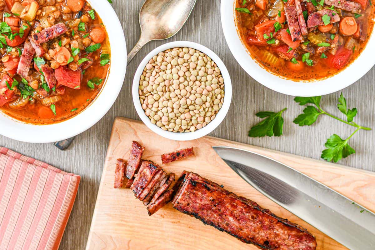 Deer Bacon and Lentil Soup