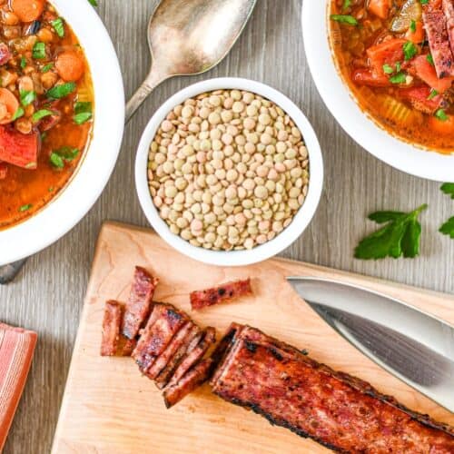 This Deer Bacon and Lentil Soup Recipe is amazing and will help chase away the chill during this last month of winter! It's sensationally delicious, ridiculously easy and will convert those who normally don't like lentils – like my wife!