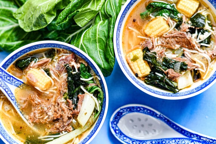 Snow Goose Soup with bok choy and lo mein noodles