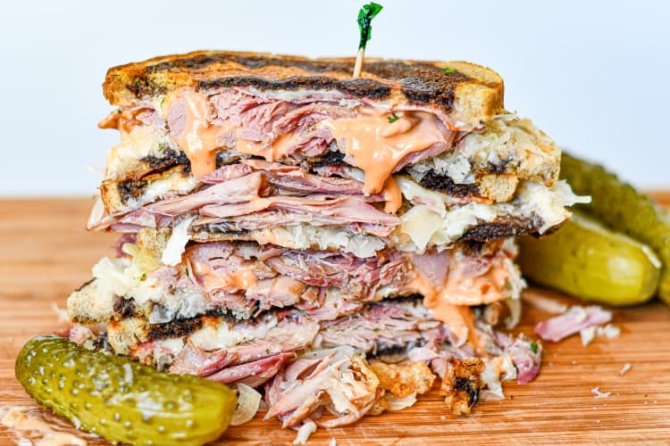 Reuben sandwich made with corned rabbit meat