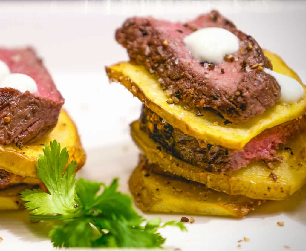 Deer Backstrap and Potato Stacks for your next wild game appetizer.