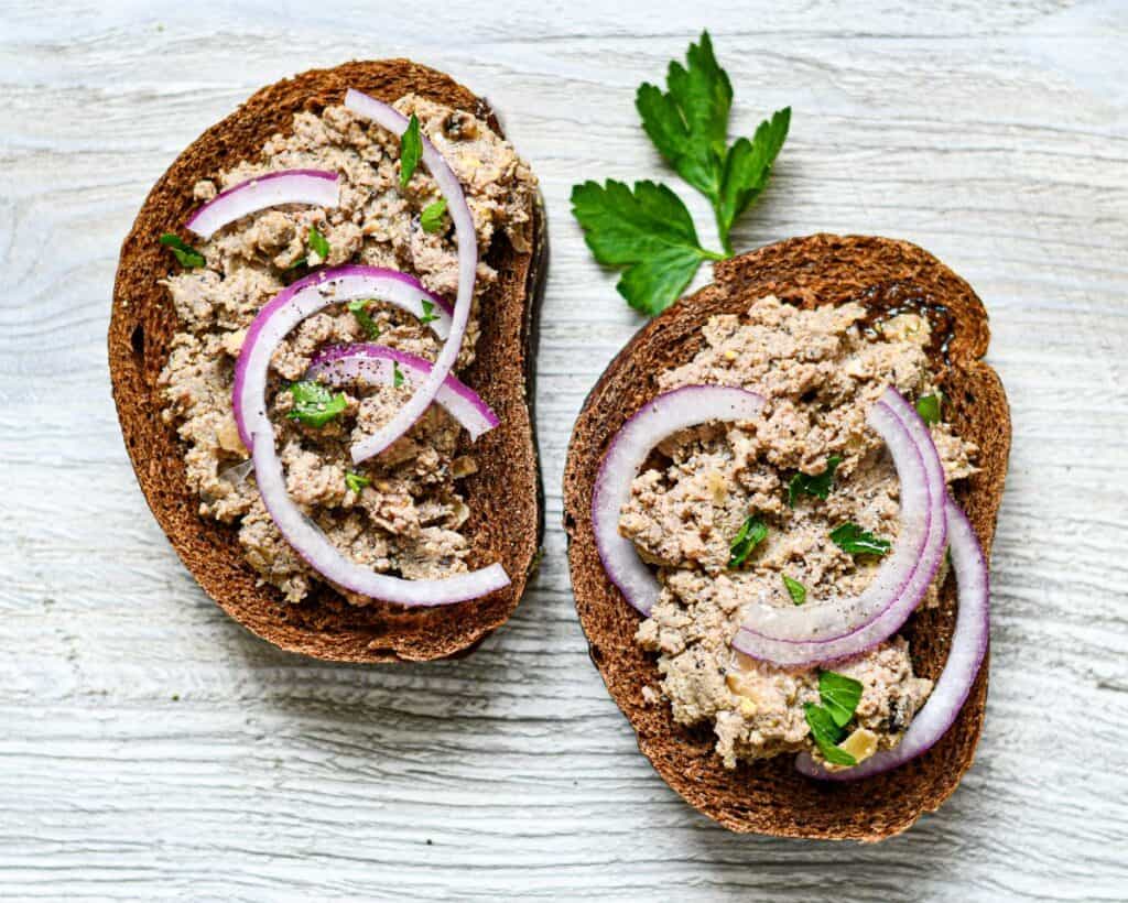 Chopped Goose Liver on Rye with Red Onion and Parsley