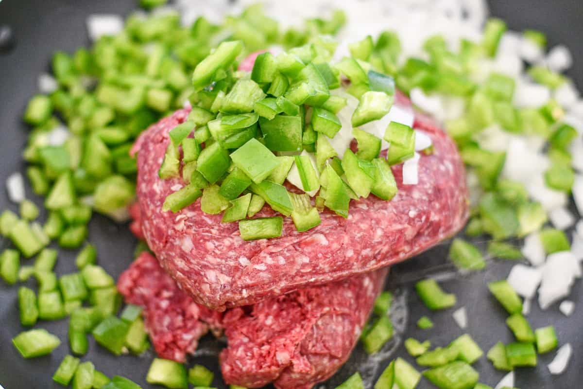 Ground Venison with diced onion and green bell pepper