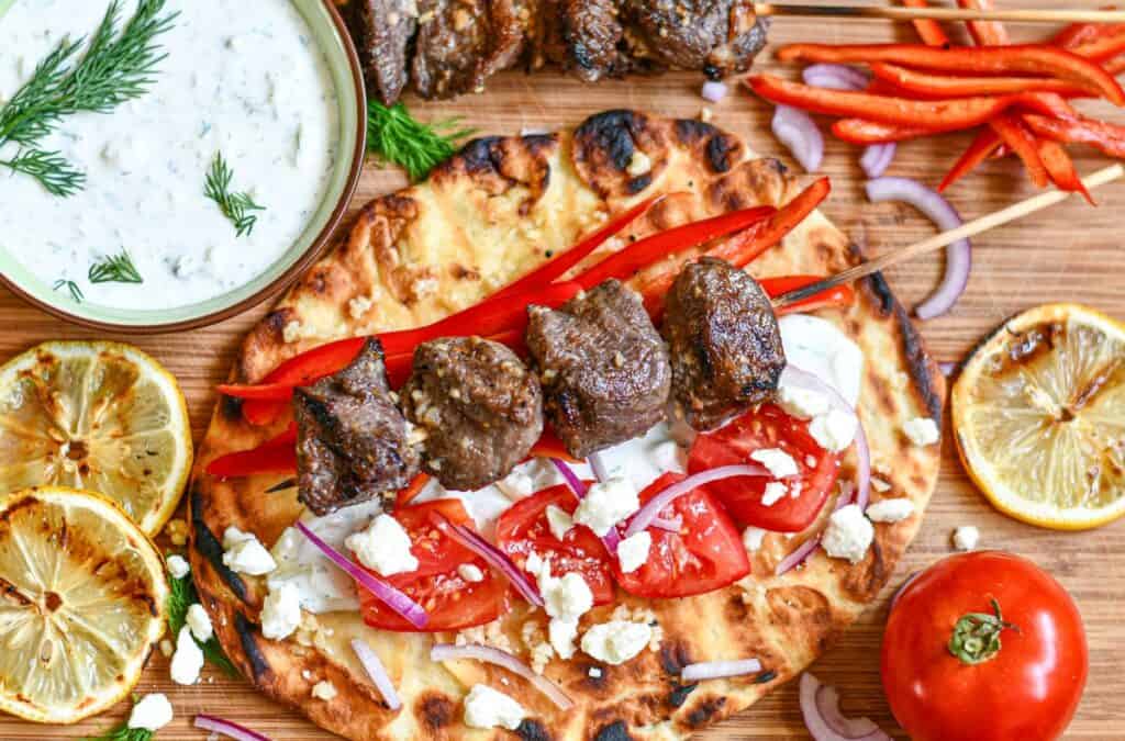 Venison Steak Souvlaki with Tzatziki Sauce Overhead Shot