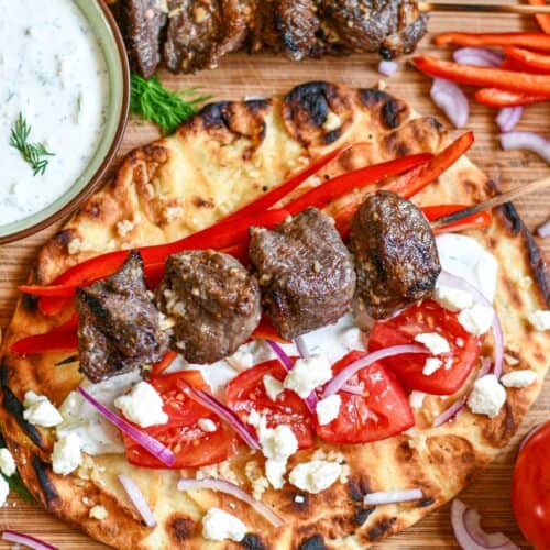 Venison Steak Souvlaki with Tzatziki Sauce Overhead Shot