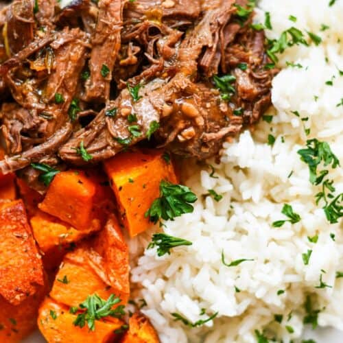 Apple Cider Braised Deer Roast with Butternut Squash and Rice