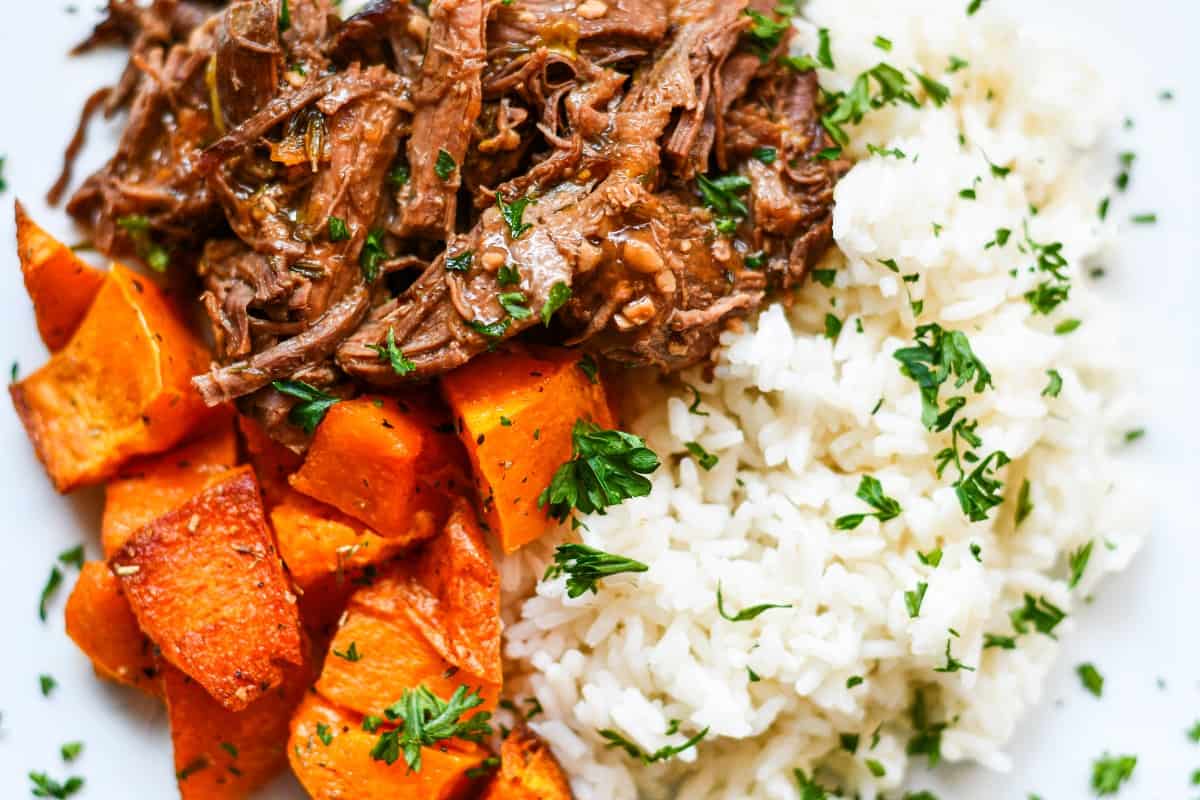 cider braised deer roast with sweet potatoes and rice