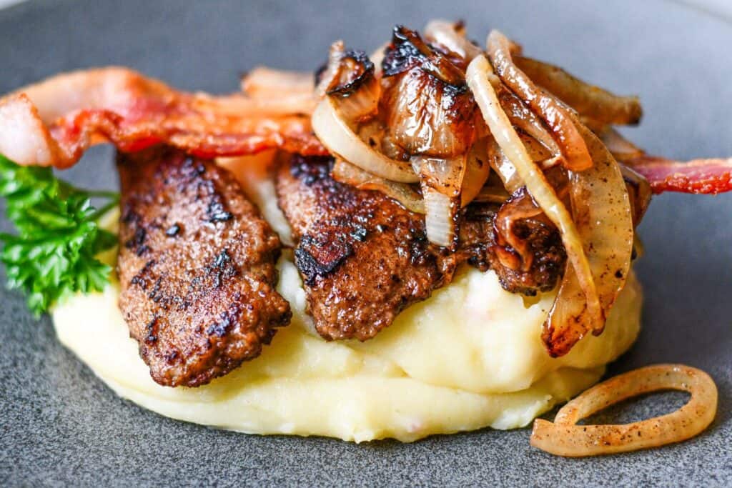 Fried Deer Liver and Onions with Bacon and Mashed Potatoes