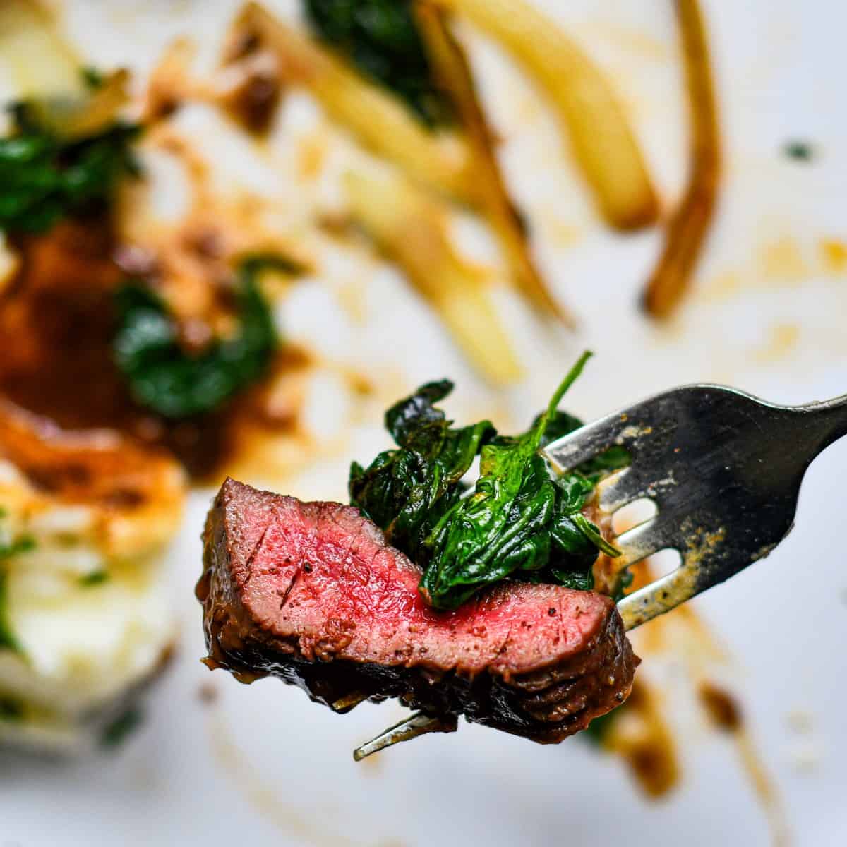 Easy Pan Fried Deer Heart with Mashed Potatoes and Gravy and Sauteed Spinach