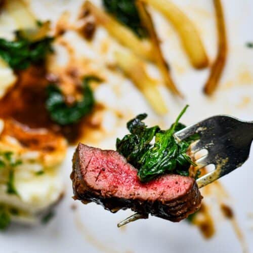 Easy Pan Fried Deer Heart with Sauteed Spinach and Mashed Potatoes and Gravy