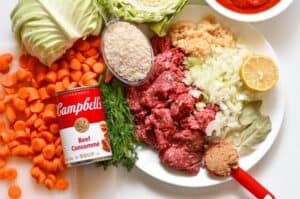 Cabbage Roll Soup Ingredients including ground venison, onion, carrots, garlic, cabbage, tomato sauce, beef consommé, rice, brown sugar, bay leaves, lemon juice, and dill.