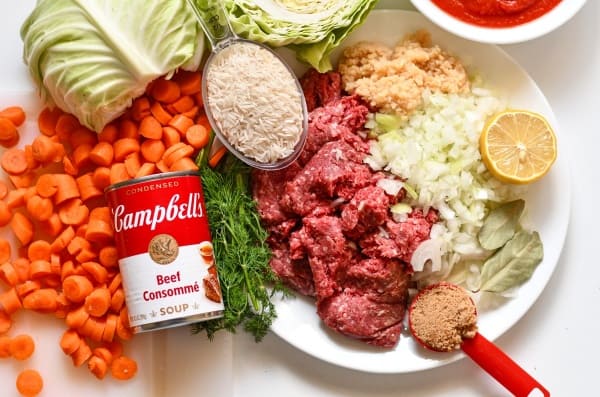 Soup Ingredients including ground venison, onion, carrots, garlic, cabbage, tomato sauce, beef consommé, rice, brown sugar, bay leaves, lemon juice, and dill.