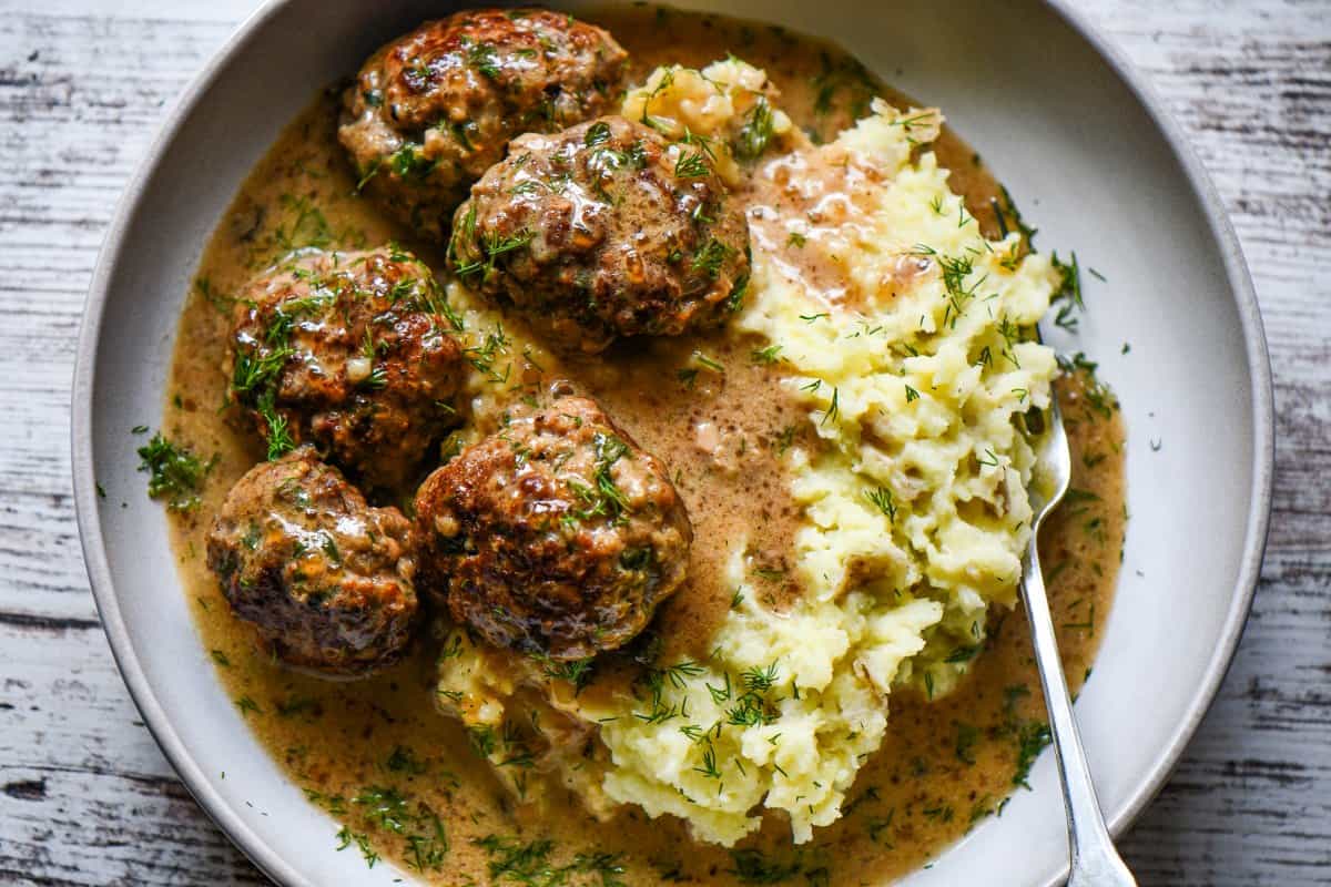 Venison Swedish Meatballs over Mashed Potatoes with fresh dill