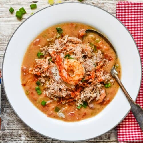 Creole Pheasant Gumbo with andouille sausage and shrimp with hot sauce on the side.