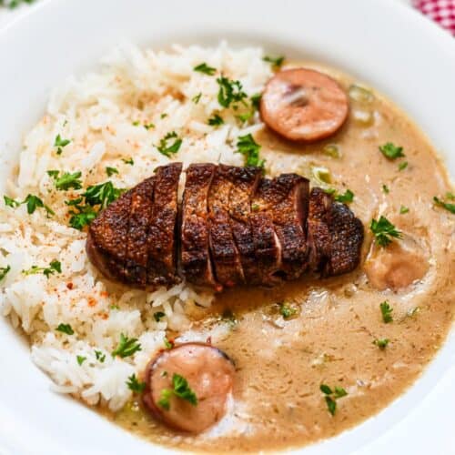 Cajun Duck Etouffee with andouille sausage and white rice