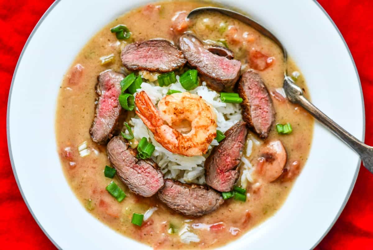 Duck and Goose Recipes like this Duck Gumbo with andouille sausage and shrimp. Served over white rice.