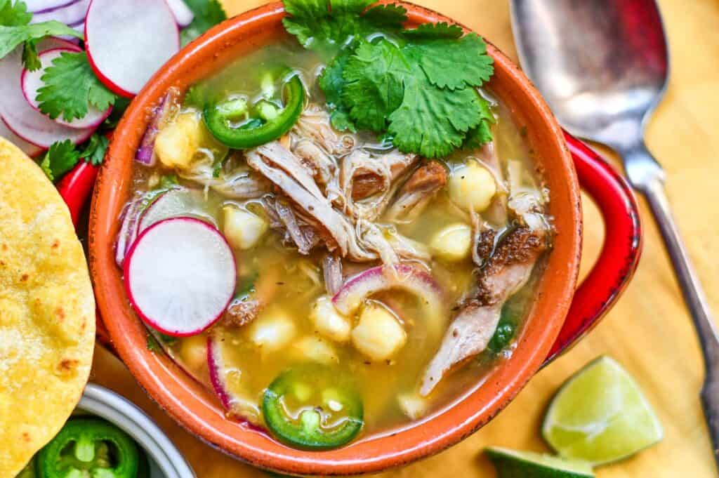 Upland birds and small game recipes like this Green Pozole with pheasant, hominy, red onion, radish, jalapeno, lime, and cilantro