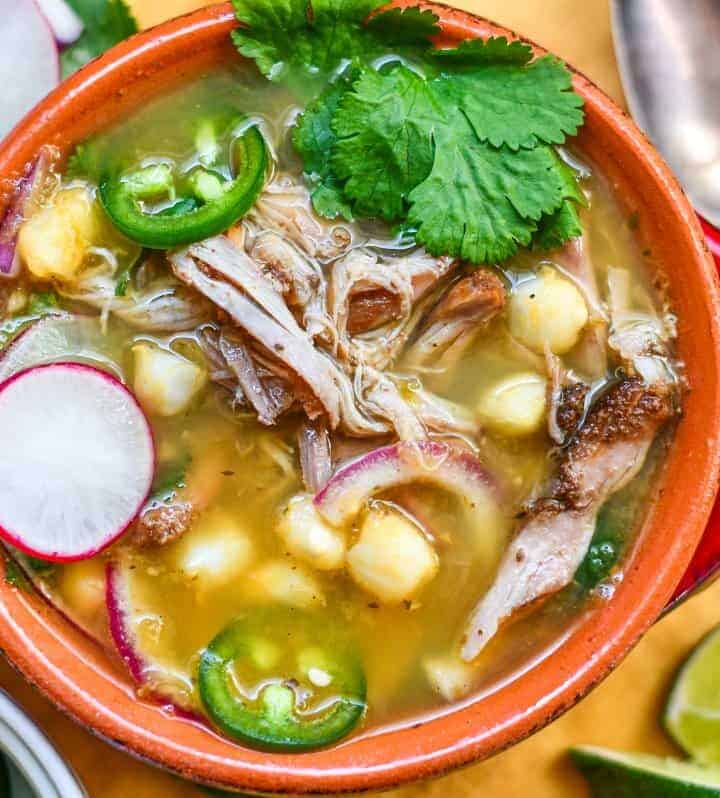 Upland birds and small game recipes like this Green Pozole with pheasant, hominy, red onion, radish, jalapeno, lime, and cilantro