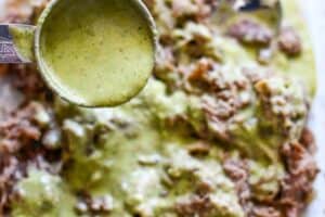 Poblano cream sauce with shredded venison roast