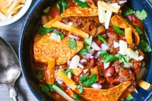 Deer Steak Chili with beef broth, kidney beans, garlic, celery, and honey and garnished with cilantro, onions, cheese, and Doritos.