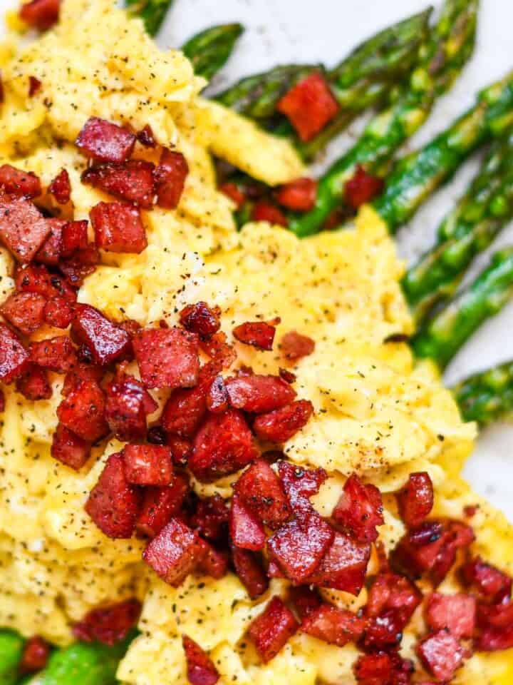 Crispy Deer Bacon with Asparagus and Eggs