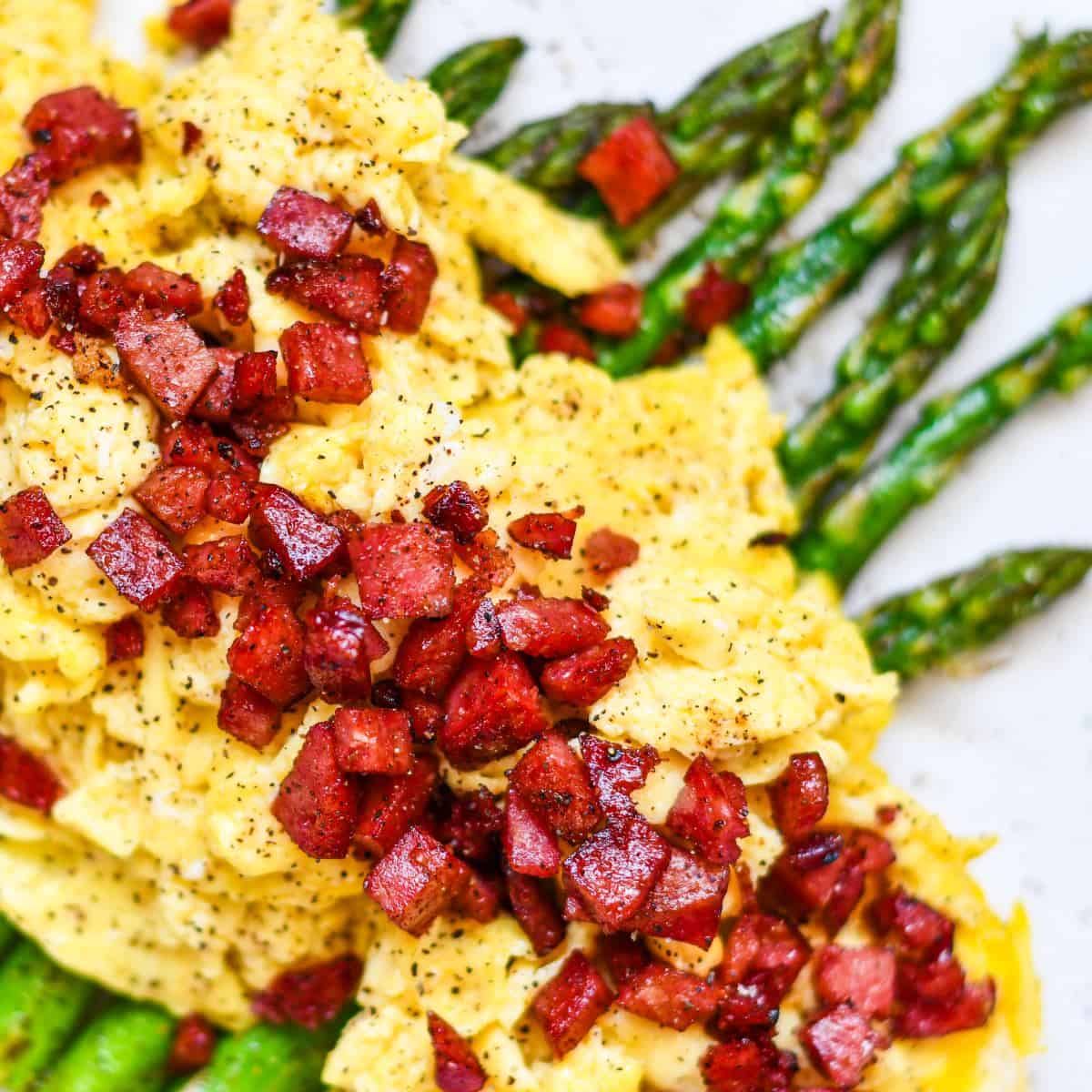 Crispy Deer Bacon with Asparagus and Eggs