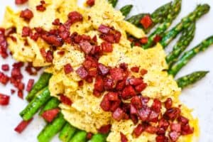 Crispy Venison Bacon with Asparagus and Eggs