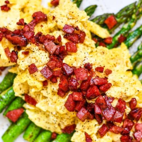 Crispy Venison Bacon with Asparagus and Eggs