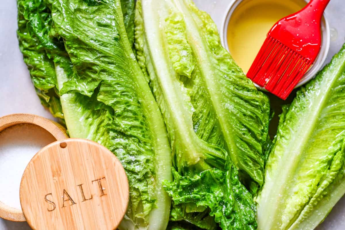 Romaine lettuce hearts, olive oil, and kosher salt