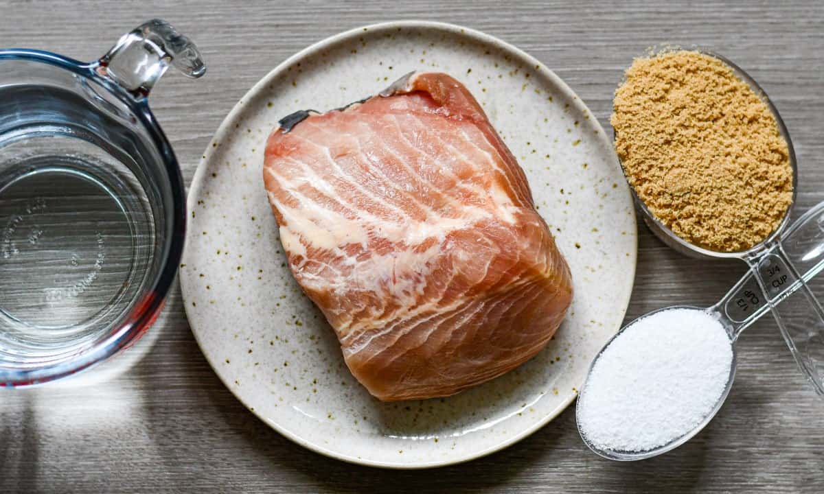 Smoked fish brine ingredients including water, kosher salt, and brown sugar