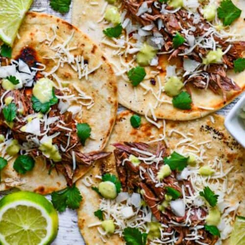 Venison Carnitas Tacos with onion, lime, cilantro, and creamy avocado