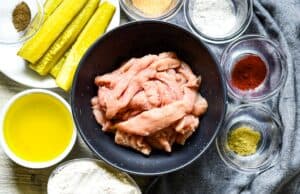 Pheasant tenders, pickle juice, flour, cornstarch, garlic powder, smoked paprika, ground rosemary, salt and pepper.