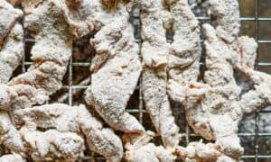 Pheasant tenders coated in mixture of flour, cornstarch, baking powder, and seasonings