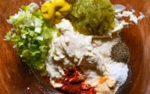 Big Mac Sauce ingredients including mayonnaise, yellow mustard, white vinegar, pickle relish, diced green onion, salt, black pepper, smoked paprika, and garlic powder