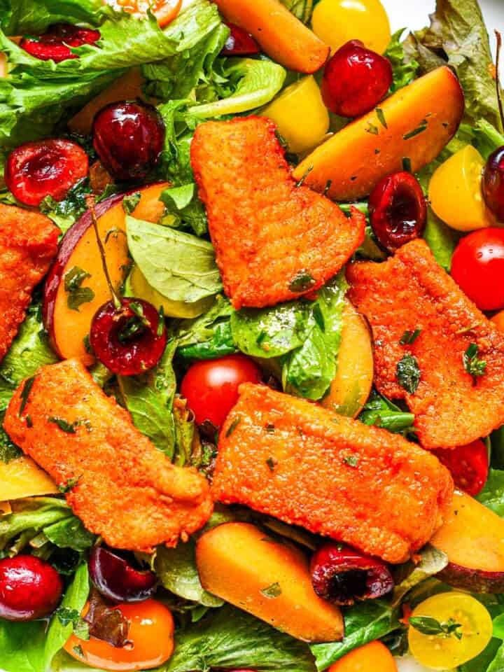 Fried Northern Pike and Peach Cherry Tomato Salad