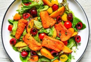 Fried Northern Pike and Peach Cherry Tomato Salad