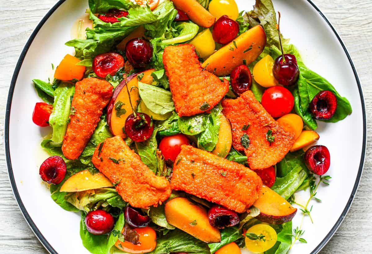 Fried Northern Pike and Peach Cherry Tomato Salad