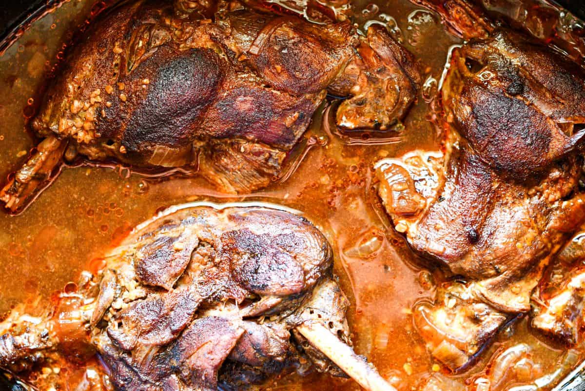 Canada Goose leg quarters in a slow cooker.