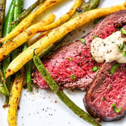 Grilled Venison steak with Bearnaise Sauce with a side of sauteed green beans