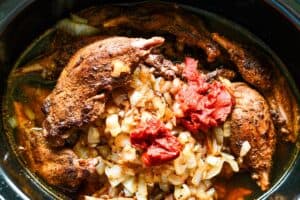 Crock Pot Goose Recipe by Jeff Benda using goose legs, onion, garlic, seasonings, beef broth, and tomato paste